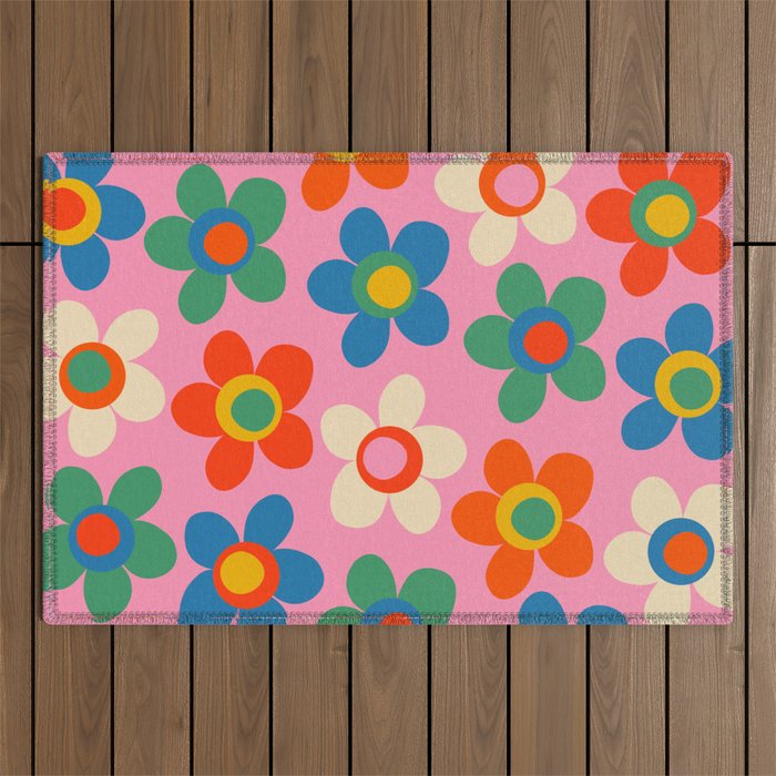 Cheerful Maisie Flowers Colorful Floral Pattern on Pink Outdoor Rug Gallery Image 1