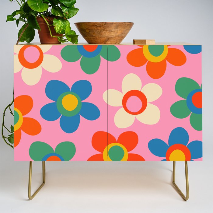 Cheerful Maisie Flowers Colorful Floral Pattern on Pink Credenza Gallery Image 1