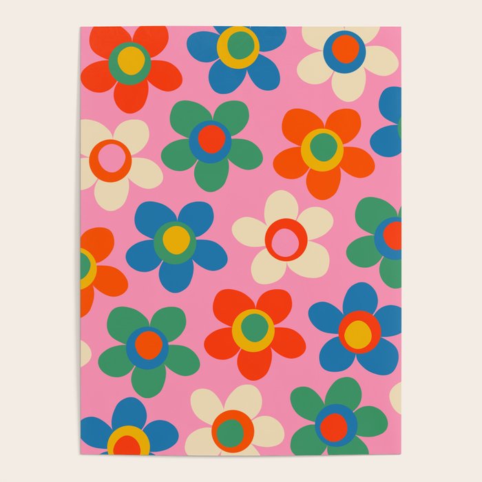 Cheerful Maisie Flowers Colorful Floral Pattern on Pink Poster Gallery Image 1