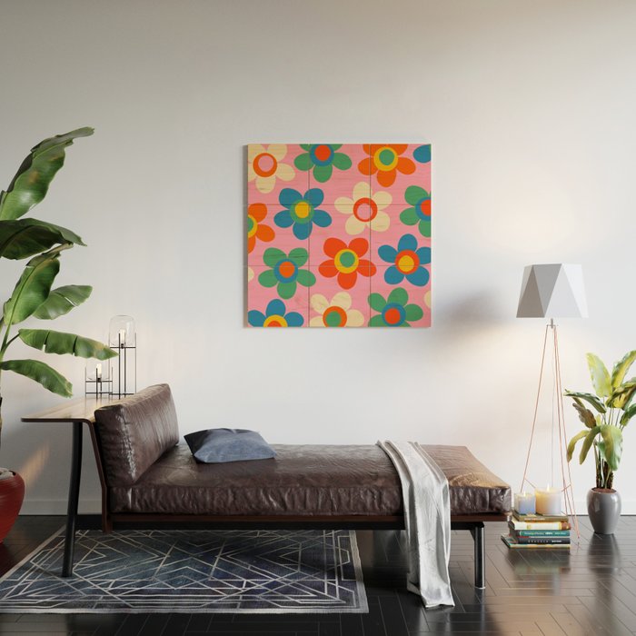 Cheerful Maisie Flowers Colorful Floral Pattern on Pink Wood Wall Art Gallery Image 2