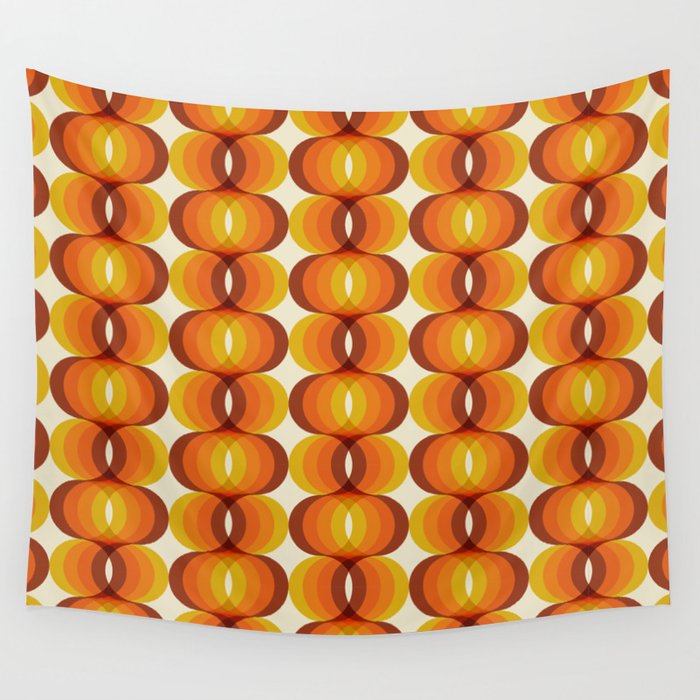Orange, Brown, and Ivory Retro 1960s Wavy Pattern Wall Tapestry Gallery Image 1