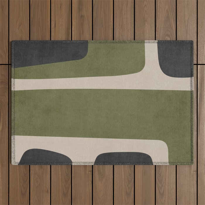 Abstract Minimalist Artwork Olive Green Black Outdoor Rug Gallery Image 1