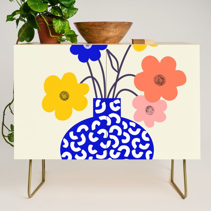Inheritance, Flower Pot Botanical Floral, Eclectic Bohemian Concept Pop of Color, Dopamine Positivity Plants Nature Heredity Contemporary Credenza Gallery Image 1