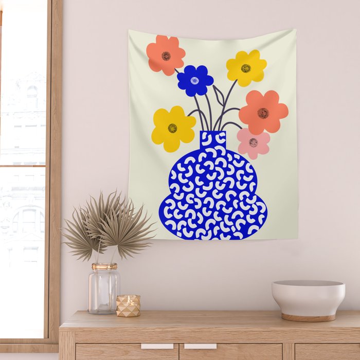 Inheritance, Flower Pot Botanical Floral, Eclectic Bohemian Concept Pop of Color, Dopamine Positivity Plants Nature Heredity Contemporary Wall Tapestry Gallery Image 2