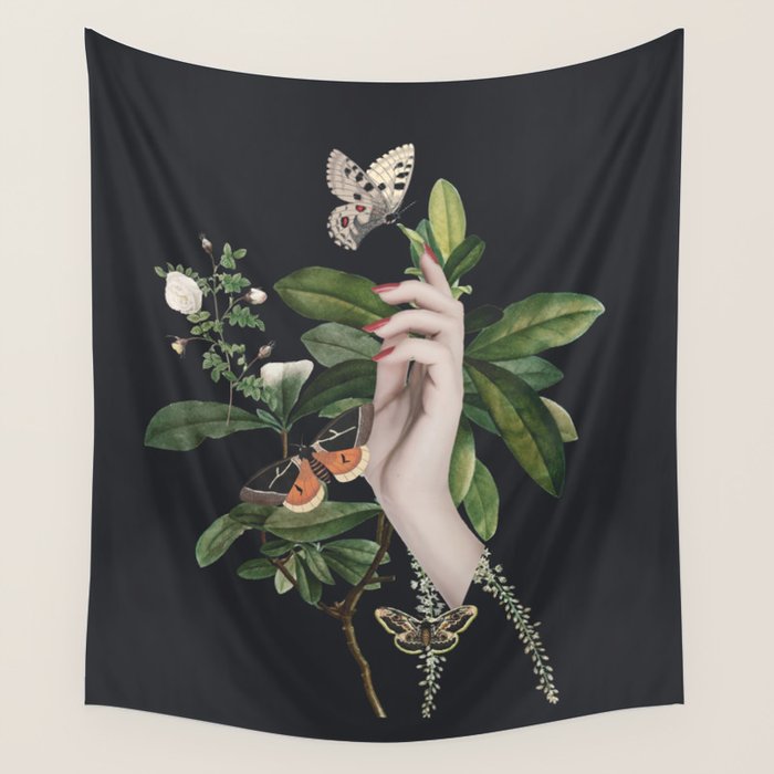 Minimal Collage/ Hand, Plants and Butterflies 7 Wall Tapestry Gallery Image 4