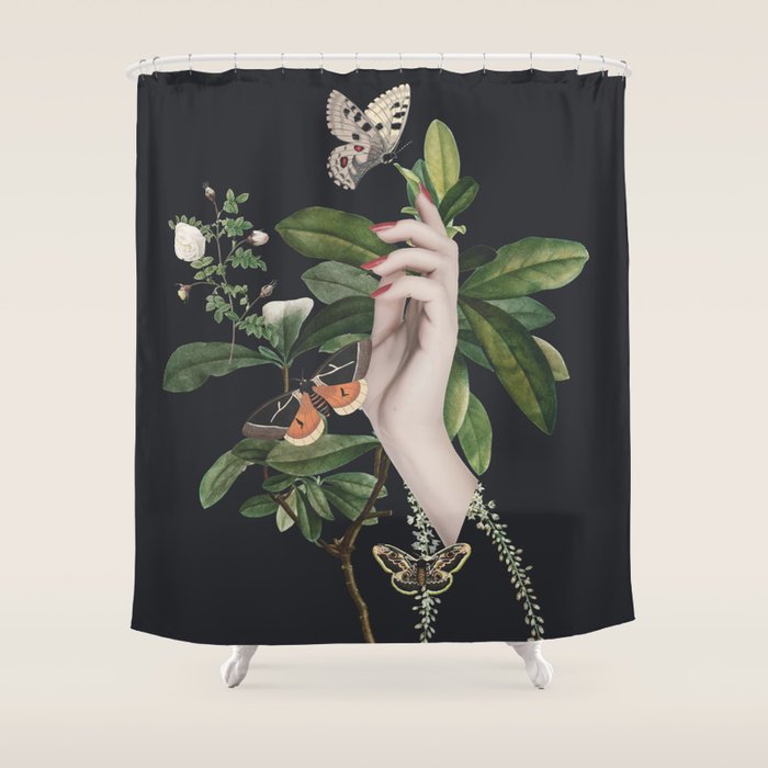 Minimal Collage/ Hand, Plants and Butterflies 7 Shower Curtain Gallery Image 1