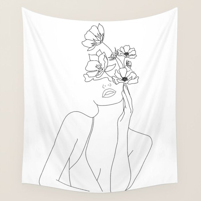 Minimal Line Art Woman with Flowers Wall Tapestry Gallery Image 4
