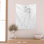 Minimal Line Art Woman with Flowers Wall Tapestry Gallery Image 2