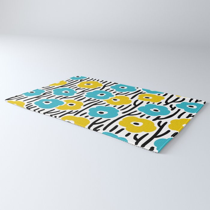 Wild Flowers Pattern Turquoise and Yellow Rug Gallery Image 3
