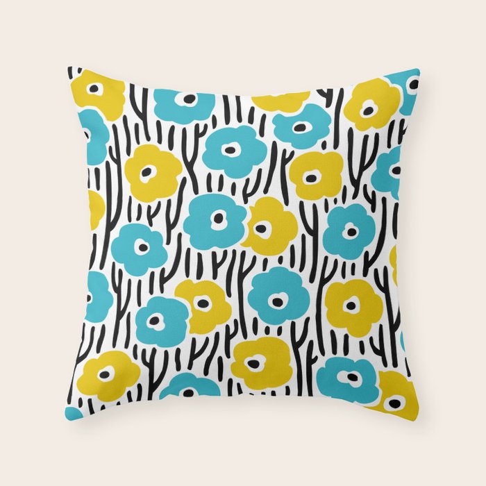 Wild Flowers Pattern Turquoise and Yellow Throw Pillow Gallery Image 1