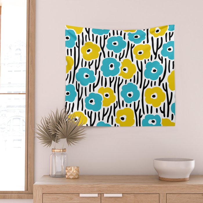 Wild Flowers Pattern Turquoise and Yellow Wall Tapestry Gallery Image 2