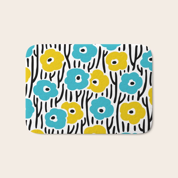 Wild Flowers Pattern Turquoise and Yellow Bath Mat Gallery Image 1