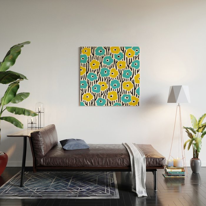 Wild Flowers Pattern Turquoise and Yellow Wood Wall Art Gallery Image 2