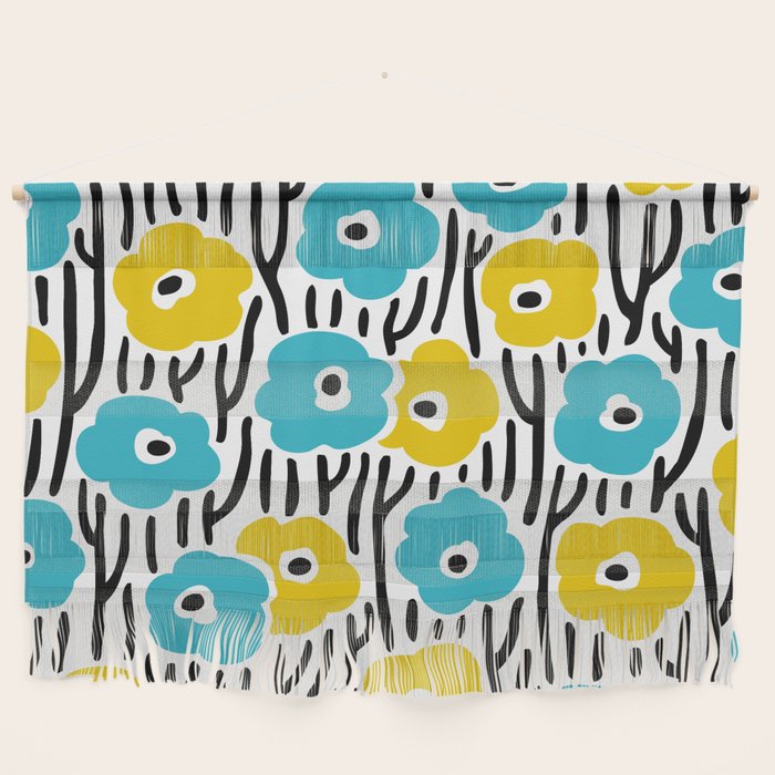 Wild Flowers Pattern Turquoise and Yellow Wall Hanging Gallery Image 1