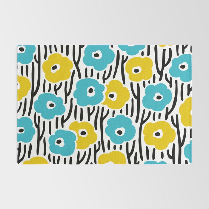 Wild Flowers Pattern Turquoise and Yellow Rug Gallery Image 2