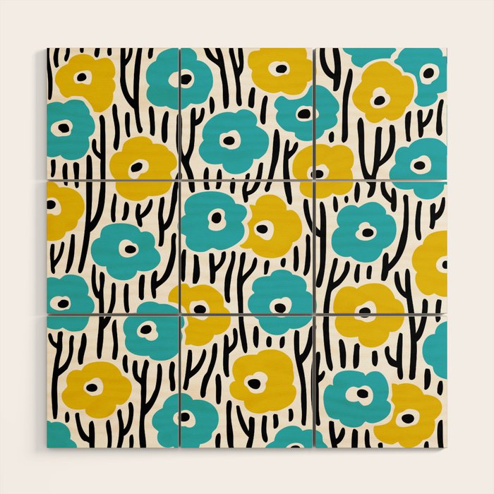 Wild Flowers Pattern Turquoise and Yellow Wood Wall Art Gallery Image 1
