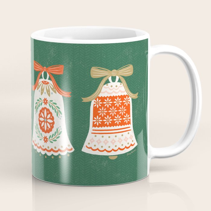 Folk Art Holiday Bells - Forest Green Coffee Mug Gallery Image 1