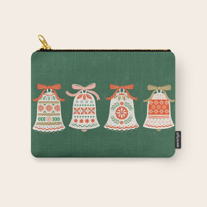 Folk Art Holiday Bells - Forest Green Carry All Pouch Gallery Image 1