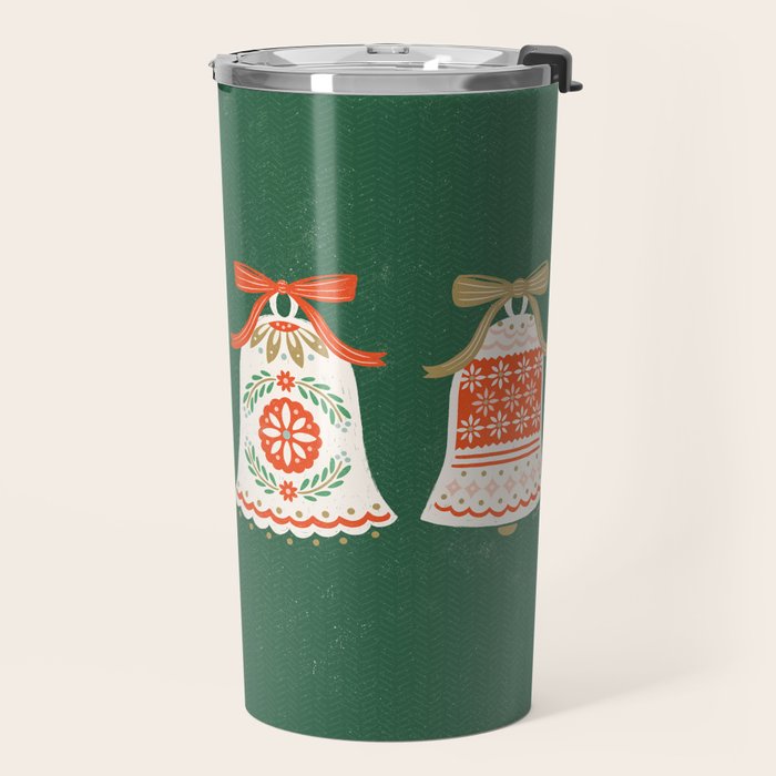 Folk Art Holiday Bells - Forest Green Travel Mug Gallery Image 2