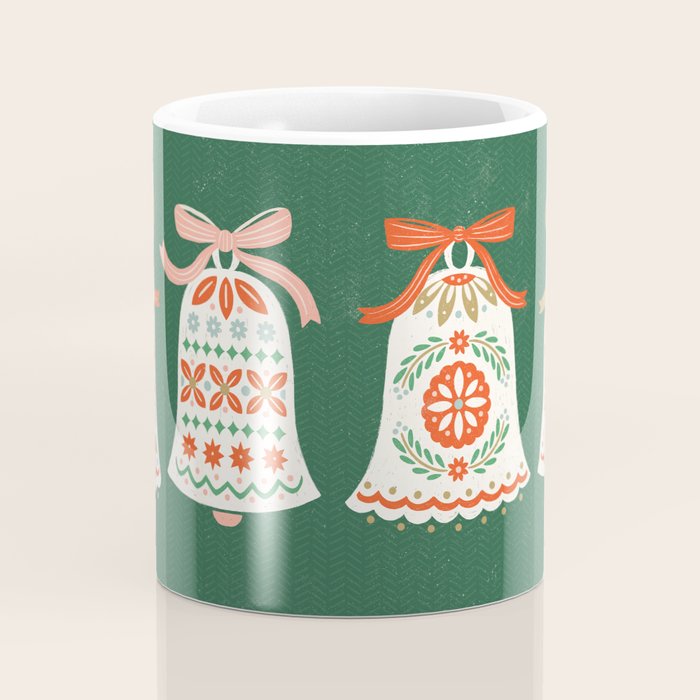 Folk Art Holiday Bells - Forest Green Coffee Mug Gallery Image 4