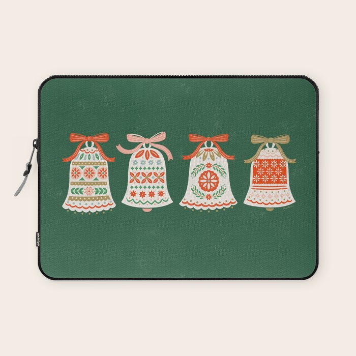 Folk Art Holiday Bells - Forest Green Laptop Sleeve Gallery Image 1