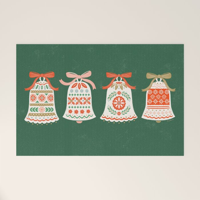 Folk Art Holiday Bells - Forest Green Welcome Mat Gallery Image 1