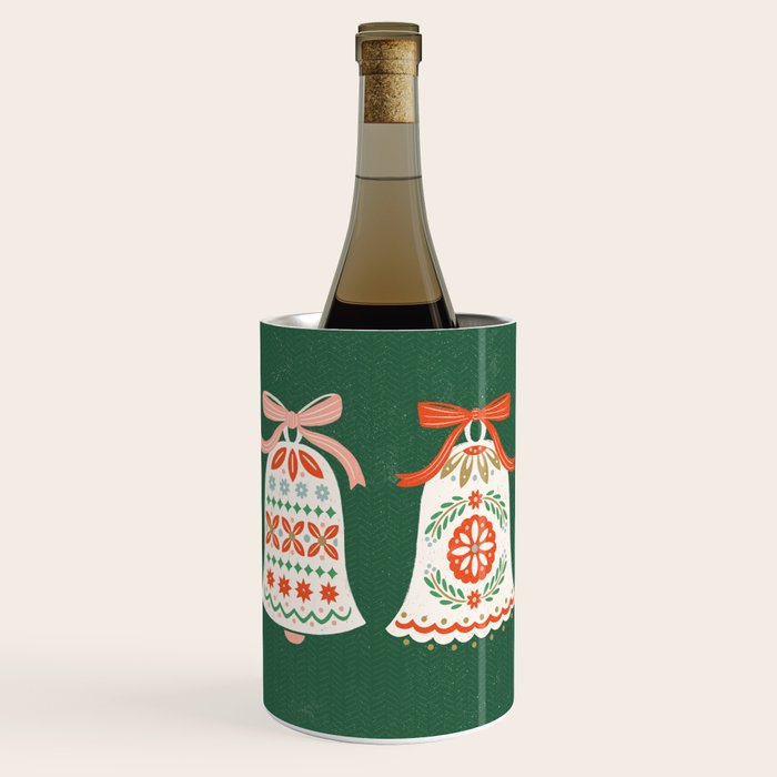 Folk Art Holiday Bells - Forest Green Wine Chiller Gallery Image 1