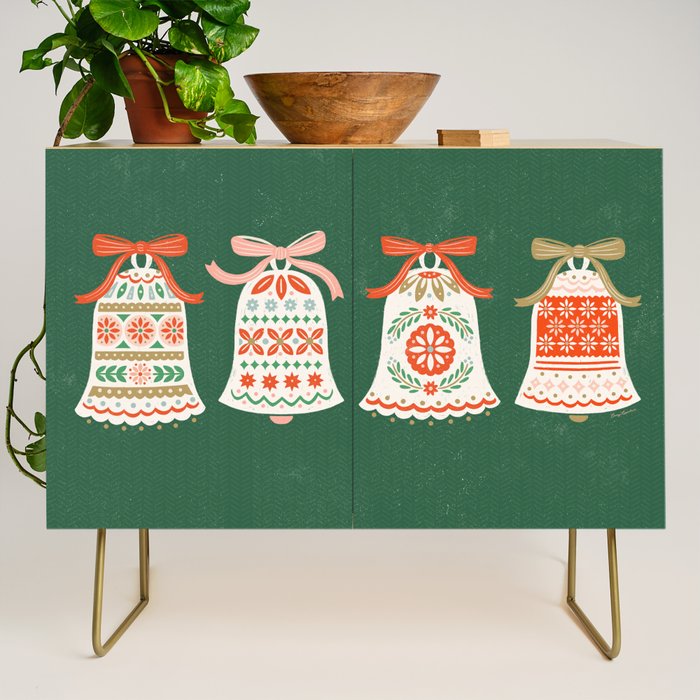 Folk Art Holiday Bells - Forest Green Credenza Gallery Image 1