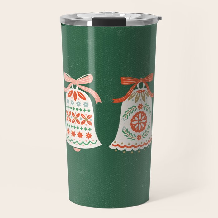 Folk Art Holiday Bells - Forest Green Travel Mug Gallery Image 1