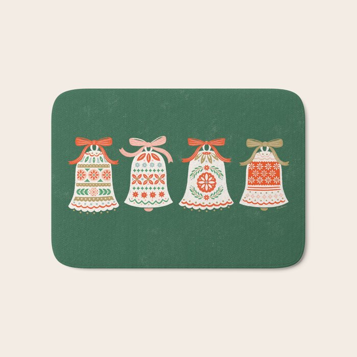 Folk Art Holiday Bells - Forest Green Bath Mat Gallery Image 1