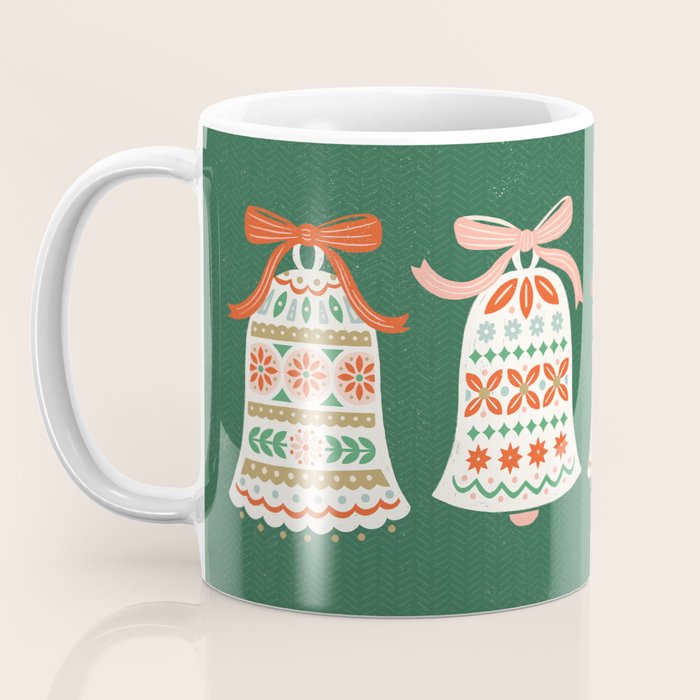 Folk Art Holiday Bells - Forest Green Coffee Mug Gallery Image 3