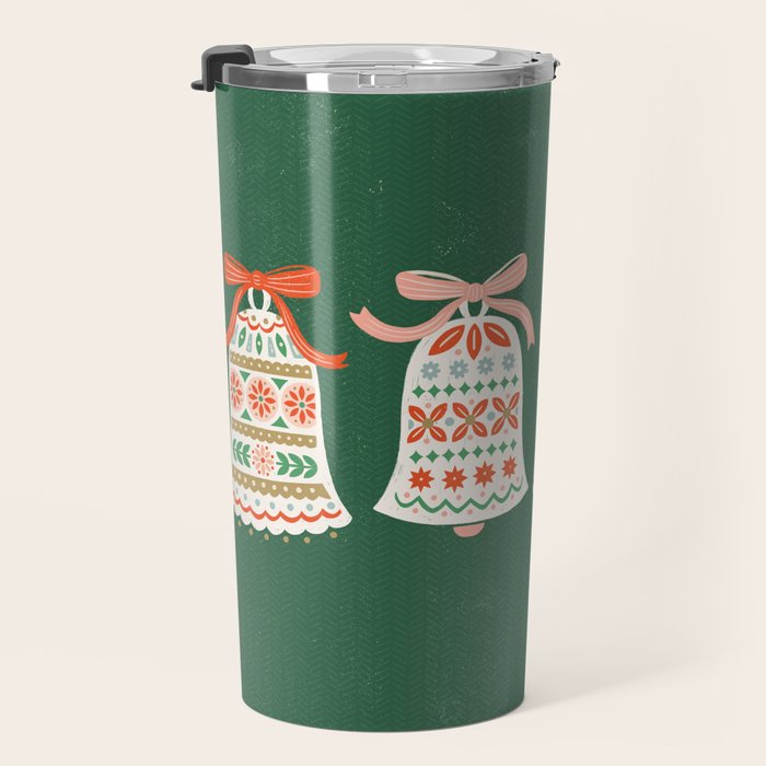 Folk Art Holiday Bells - Forest Green Travel Mug Gallery Image 3