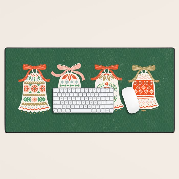 Folk Art Holiday Bells - Forest Green Desk Mat Gallery Image 1
