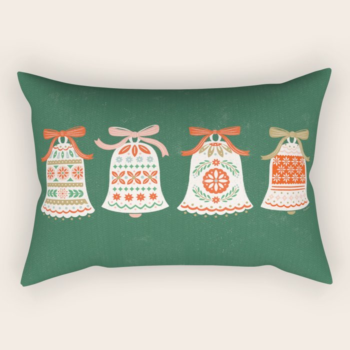 Folk Art Holiday Bells - Forest Green Rectangular Pillow Gallery Image 2