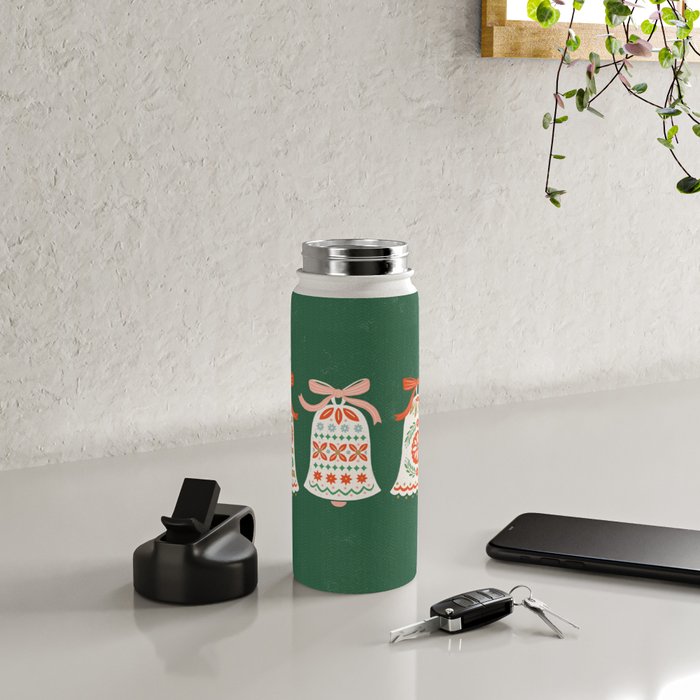 Folk Art Holiday Bells - Forest Green Water Bottle Gallery Image 4