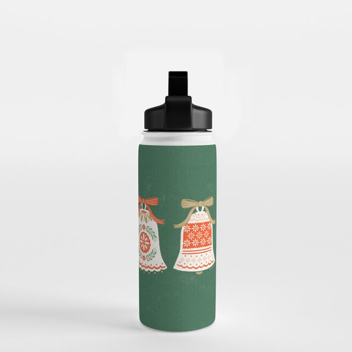 Folk Art Holiday Bells - Forest Green Water Bottle Gallery Image 2