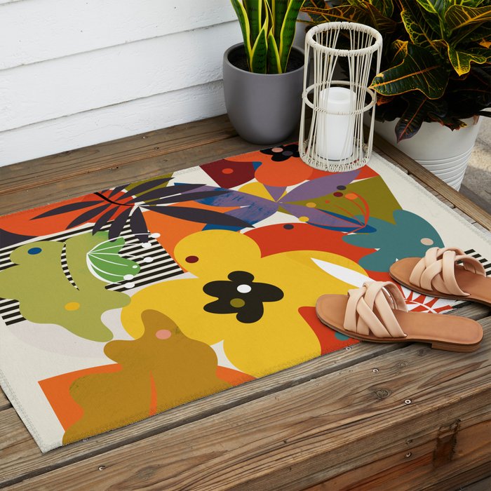 mid century minimal floral Outdoor Rug Gallery Image 2
