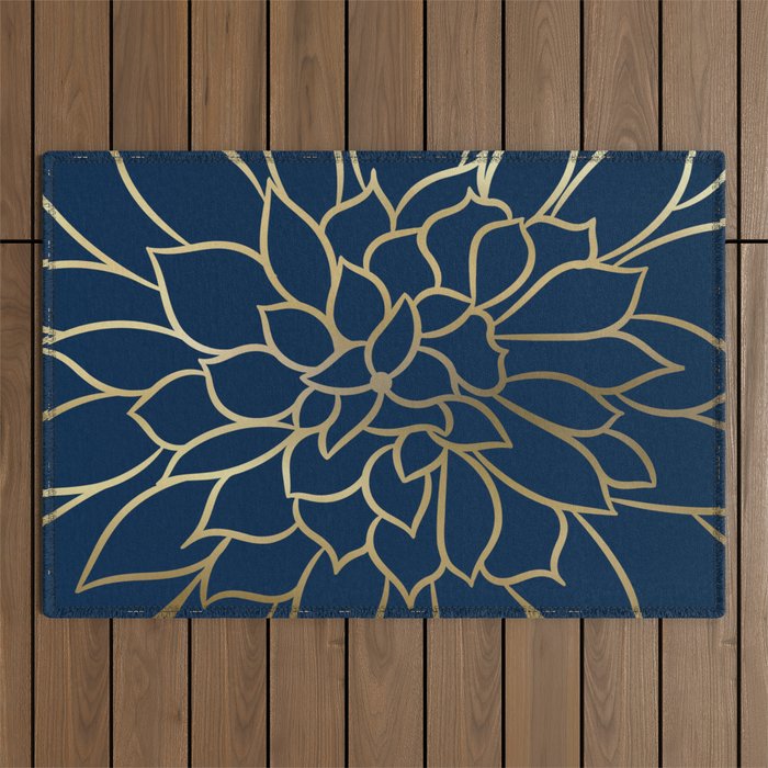 Floral Prints, Line Art, Navy Blue and Gold Outdoor Rug Gallery Image 1