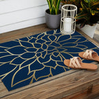 Floral Prints, Line Art, Navy Blue and Gold Outdoor Rug Gallery Image 2