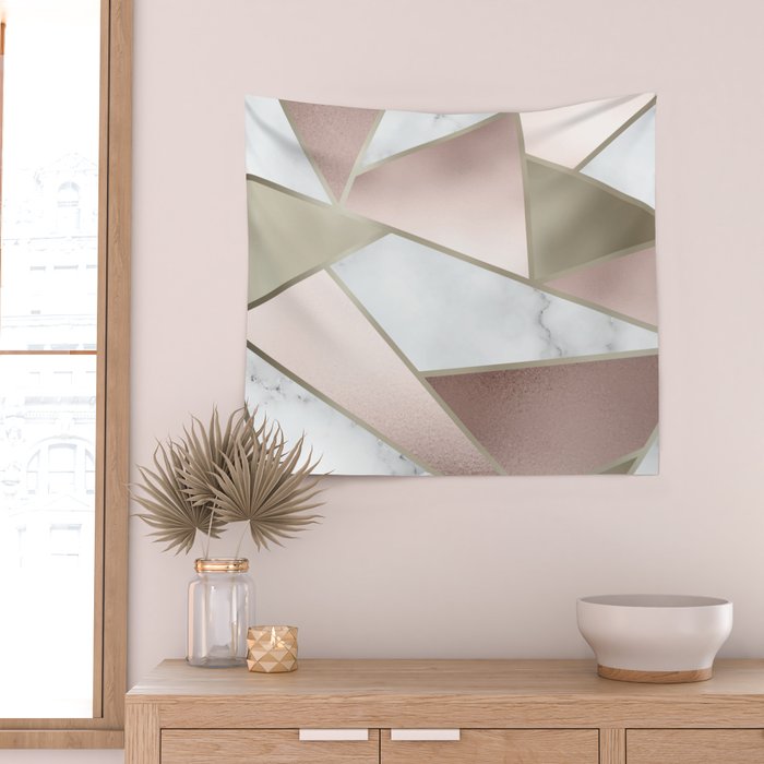 Geometric Art, Rose Gold, Blush Pink, Marble Prints Wall Tapestry Gallery Image 2
