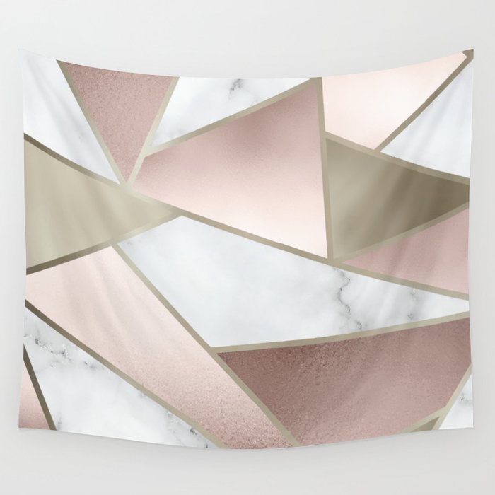 Geometric Art, Rose Gold, Blush Pink, Marble Prints Wall Tapestry Gallery Image 1