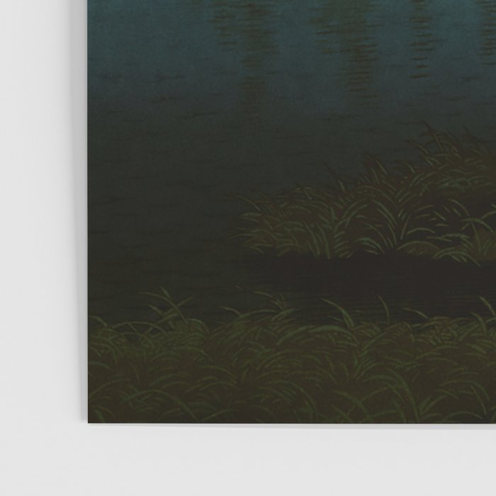 Sundown at Fuhin - Nightime Sunset and Trees by the Lake - Nature Ukiyo Landscape in Blue, Green & Orange Poster Gallery Image 3