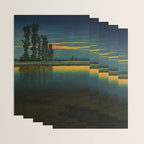 Sundown at Fuhin - Nightime Sunset and Trees by the Lake - Nature Ukiyo Landscape in Blue, Green & Orange Wrapping Paper Gallery Image 3