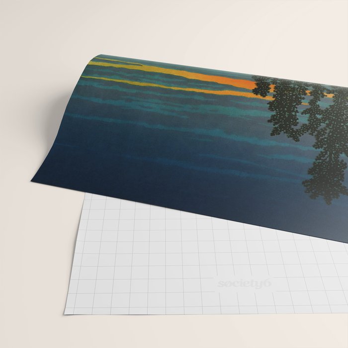 Sundown at Fuhin - Nightime Sunset and Trees by the Lake - Nature Ukiyo Landscape in Blue, Green & Orange Wrapping Paper Gallery Image 2