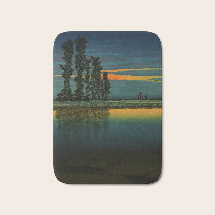 Sundown at Fuhin - Nightime Sunset and Trees by the Lake - Nature Ukiyo Landscape in Blue, Green & Orange Bath Mat Gallery Image 1