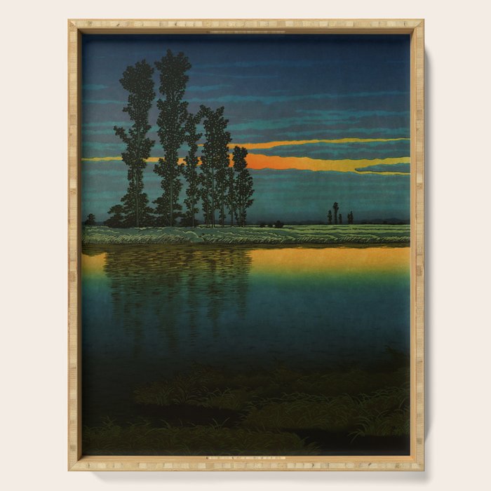 Sundown at Fuhin - Nightime Sunset and Trees by the Lake - Nature Ukiyo Landscape in Blue, Green & Orange Serving Tray Gallery Image 1
