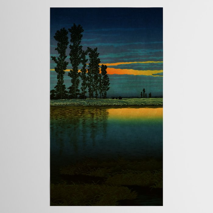 Sundown at Fuhin - Nightime Sunset and Trees by the Lake - Nature Ukiyo Landscape in Blue, Green & Orange Tablecloth Gallery Image 2