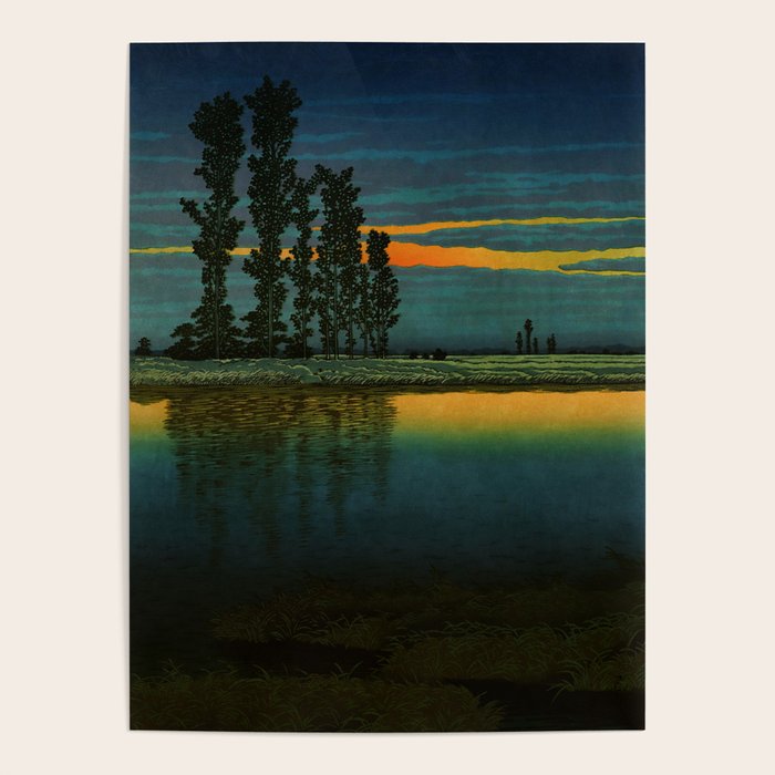 Sundown at Fuhin - Nightime Sunset and Trees by the Lake - Nature Ukiyo Landscape in Blue, Green & Orange Poster Gallery Image 1