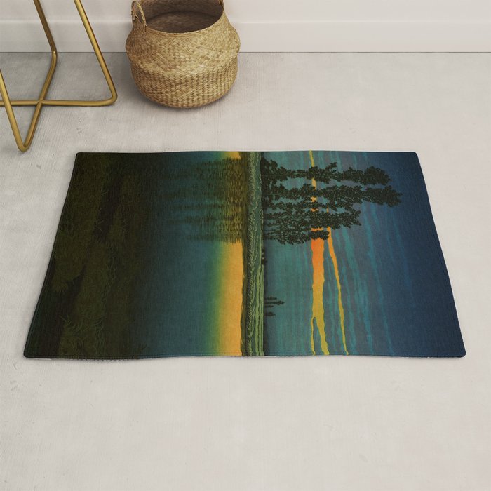 Sundown at Fuhin - Nightime Sunset and Trees by the Lake - Nature Ukiyo Landscape in Blue, Green & Orange Rug Gallery Image 1