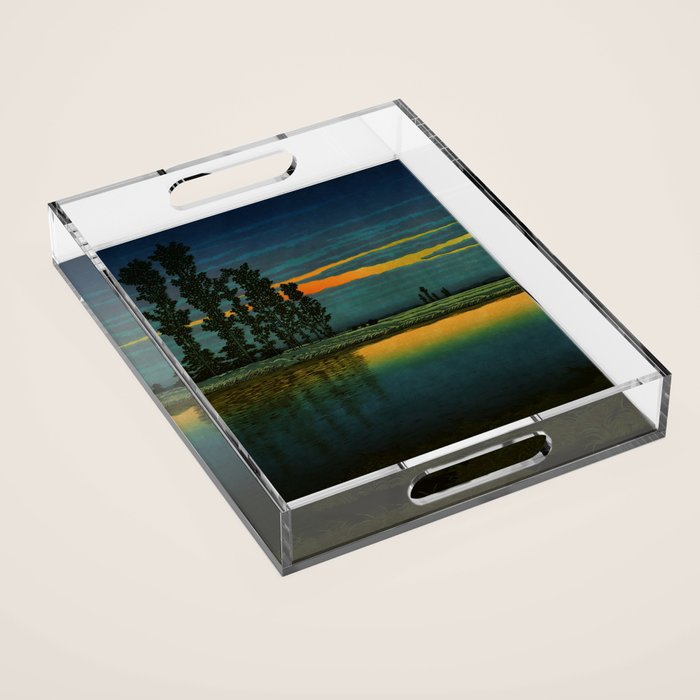 Sundown at Fuhin - Nightime Sunset and Trees by the Lake - Nature Ukiyo Landscape in Blue, Green & Orange Acrylic Tray Gallery Image 1